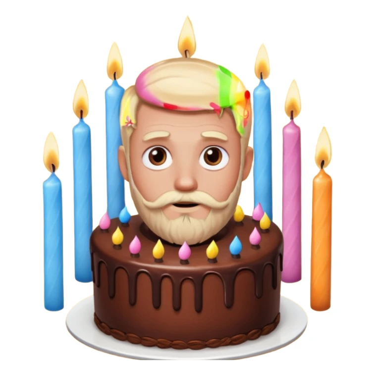 chocolate birthday cake with eyes and thin candles and blond beard sticker