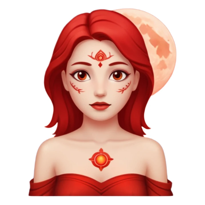 Woman standing under red moonlight, bare shoulders, ritual markings faintly glowingWoman standing under red moonlight, bare shoulders, ritual markings faintly glowing sticker