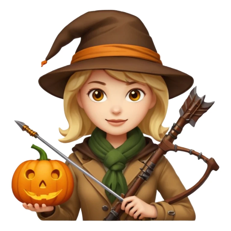 female human monster hunter emoji, wearing brown coat and hat, holding crossbow, soft smile, scarf, glowing pumpkin by her side, Halloween fantasy style, clean vector Apple emoji look, bright colors, white background, square sticker
