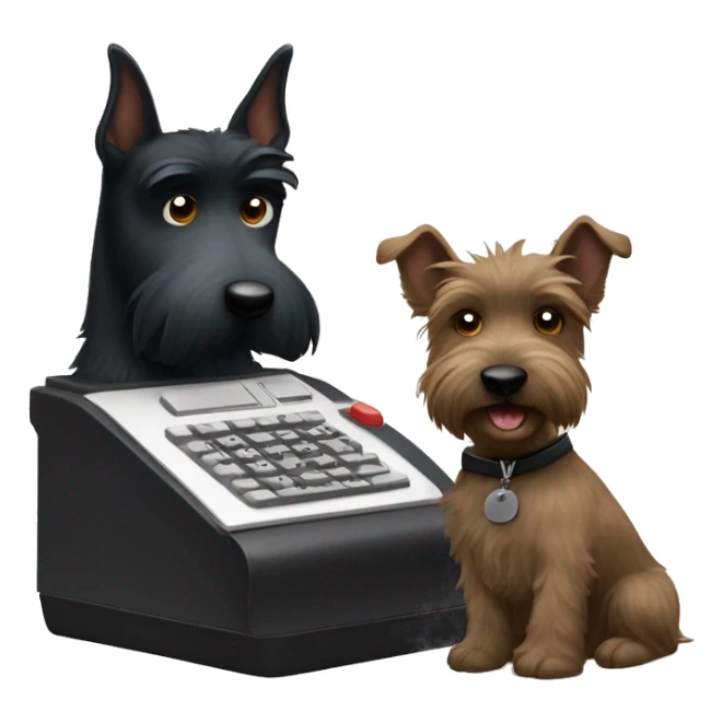 Scottish terrier writing on a court reporter machine sticker