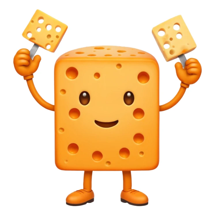 A cheese with arms and legs and a gritted face sticker