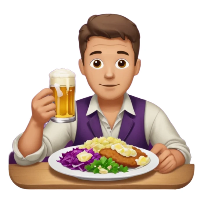German man eating schnitzel, potato salad, red cabbage, sauerkraut, and beer sticker