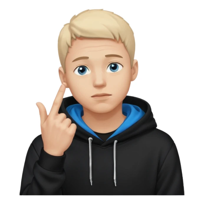 man in black hoodie in thinking pose, blue eyes, right hand raised, index finger touching his chin, eyes looking up to the top right sticker
