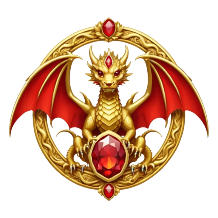 Golden Dragon with wings crest/brosch in a circle with red gems sticker