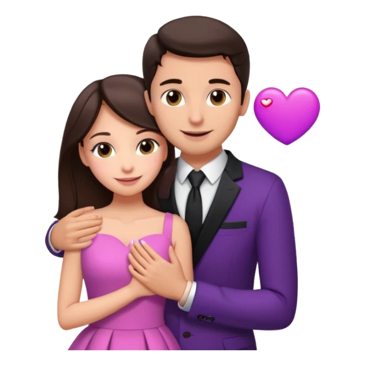 Brunette girl, with an engagement ring on her finger hugging a handsome man, (her boyfriend) both of them happy, she’s wearing a pink dress, he is wearing a black suit, he’s also a rich businessman, and there is the 💜 purple heart emoji on top. They look in love with each other.  sticker