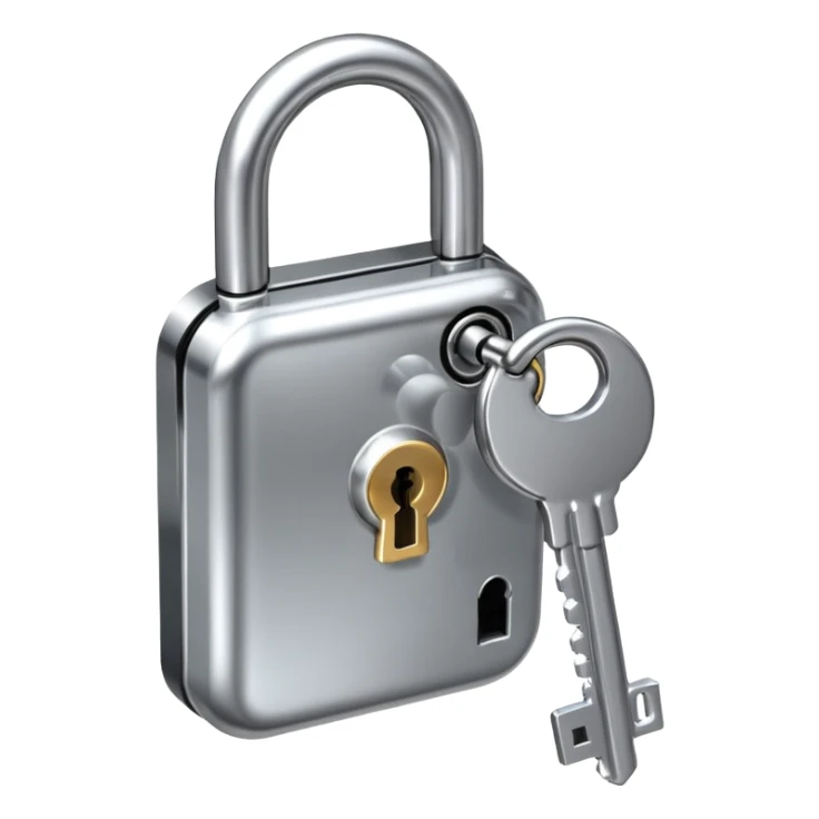 A chrome silver lock and key emoji, smooth metallic surfaces, glossy reflections, luxury swag vibe, minimal iOS emoji style, centered on clean white background sticker