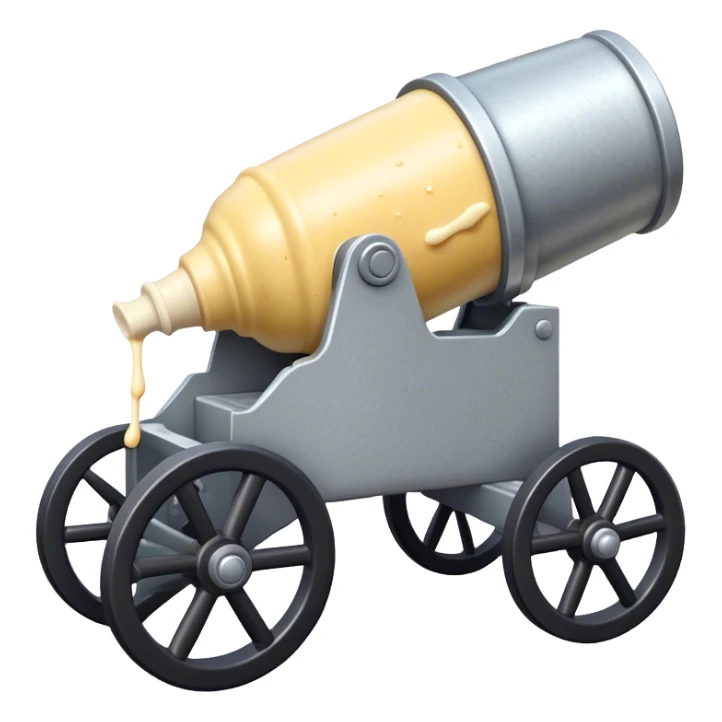 Cannon on wheels that has some mayonnaise dripping out of the front sticker