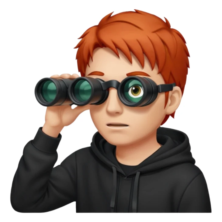 A red-haired man in a black hoodie looks through binoculars. sticker