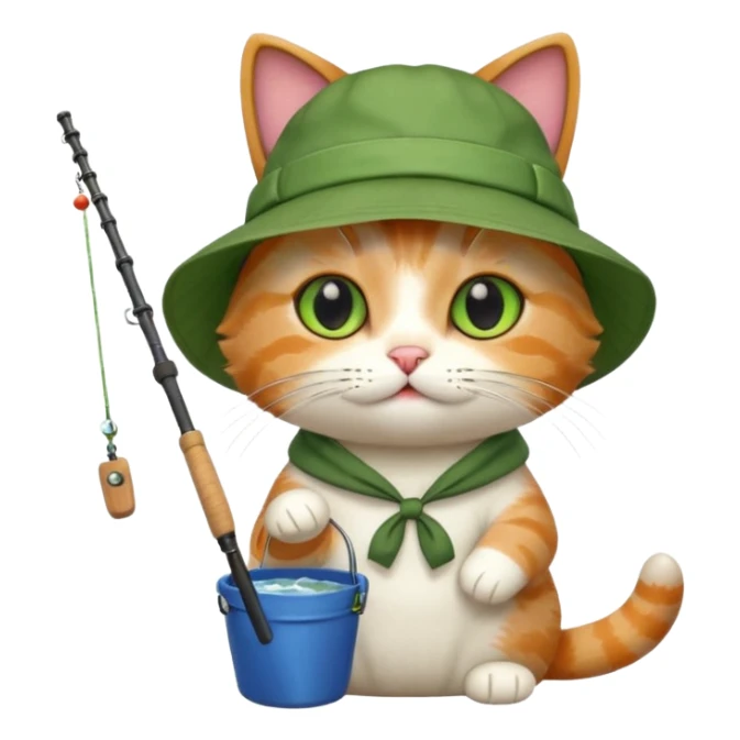 cat holding fishing rod with bucket hat green sticker