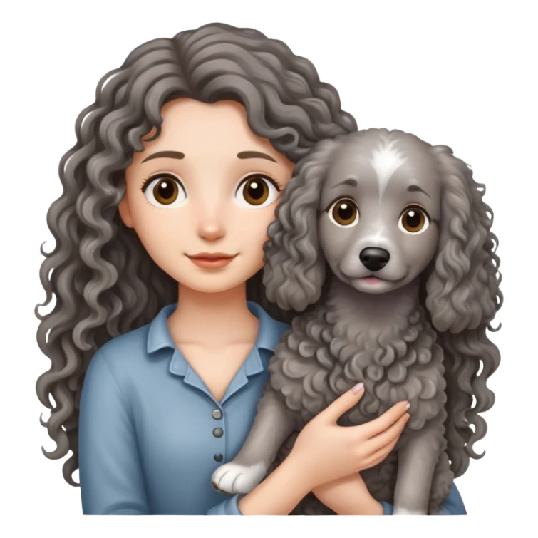 A long-haired girl holding a gray curly dog sticker