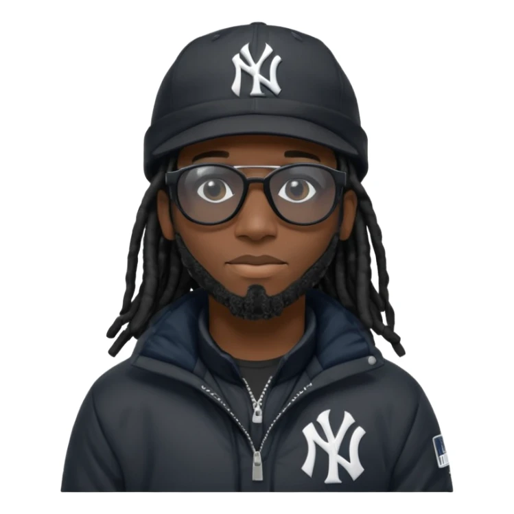African American man with shoulder length black dreadlocks and black sunglasses wearing a black New York Yankees baseball hat with a North Face brand bubble winter coat sticker
