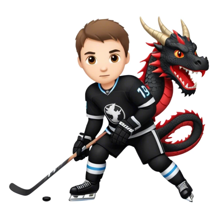 Ice hockey player, in black jersey, with dragon logo sticker