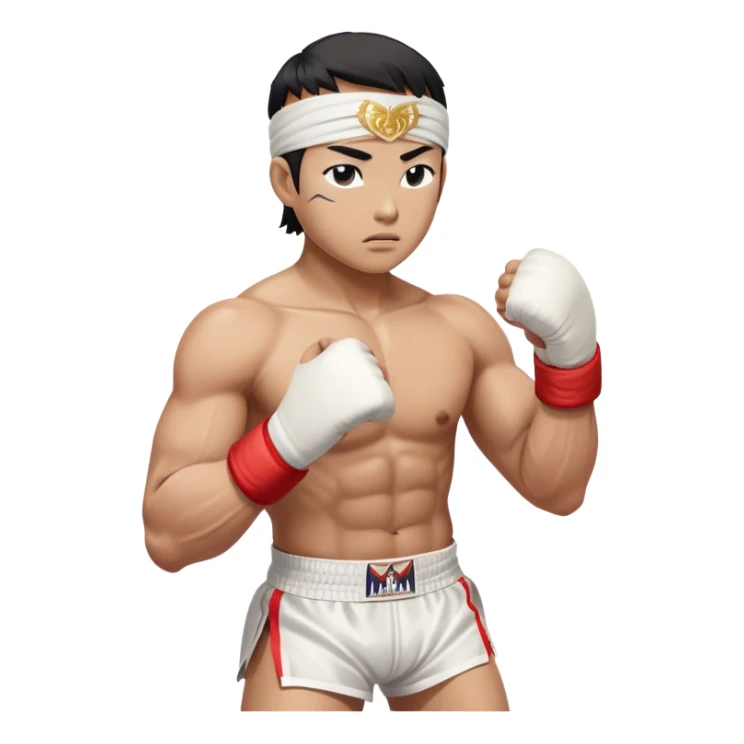 ​Cinematic Realistic Traditional Muay Thai Fighter, depicted in authentic attire featuring white bandaged gloves wrapped around his fists, a traditional headband tied neatly, and classic Muay Thai shorts, captured in a dynamic fighting stance under dramatic, high-energy lighting that highlights the raw power and elegance of the art, sticker