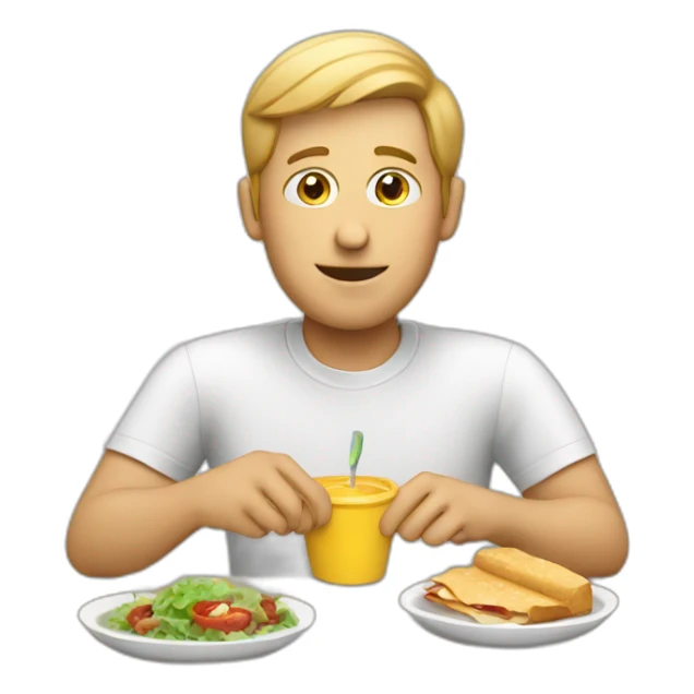 white man eating lunch with laptop sticker