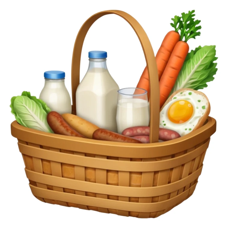 basket with groceries: milk, bread, sausage, eggs, potatoes, carrots, onions, cabbage sticker