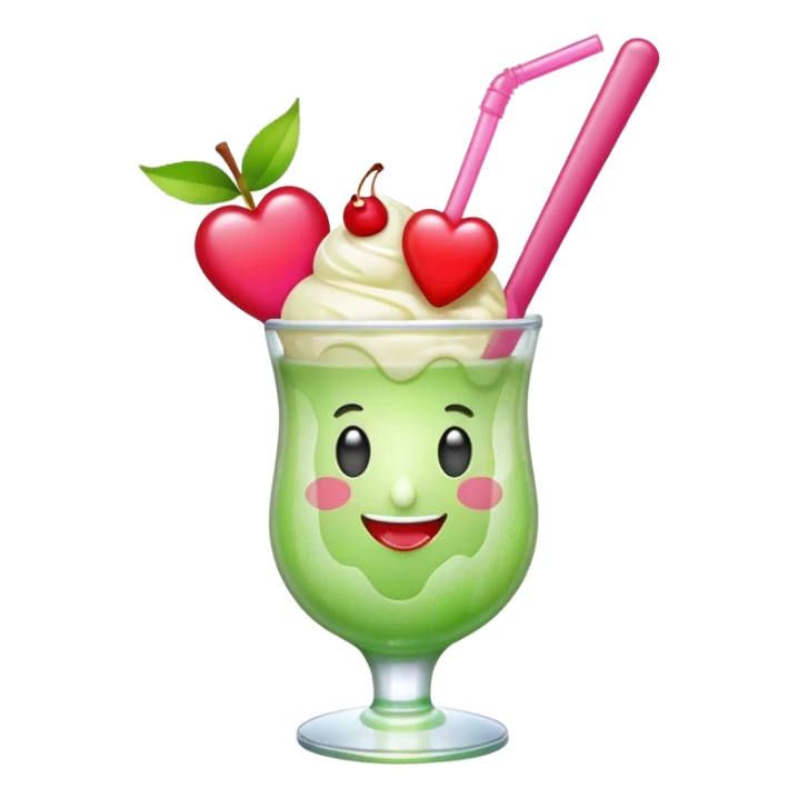 Create an emoji with a clear rounded glass, bright transparent green soda, vanilla ice cream scoop, two red cherries, pink heart-shaped straw, simple shapes, bright colors.
 sticker