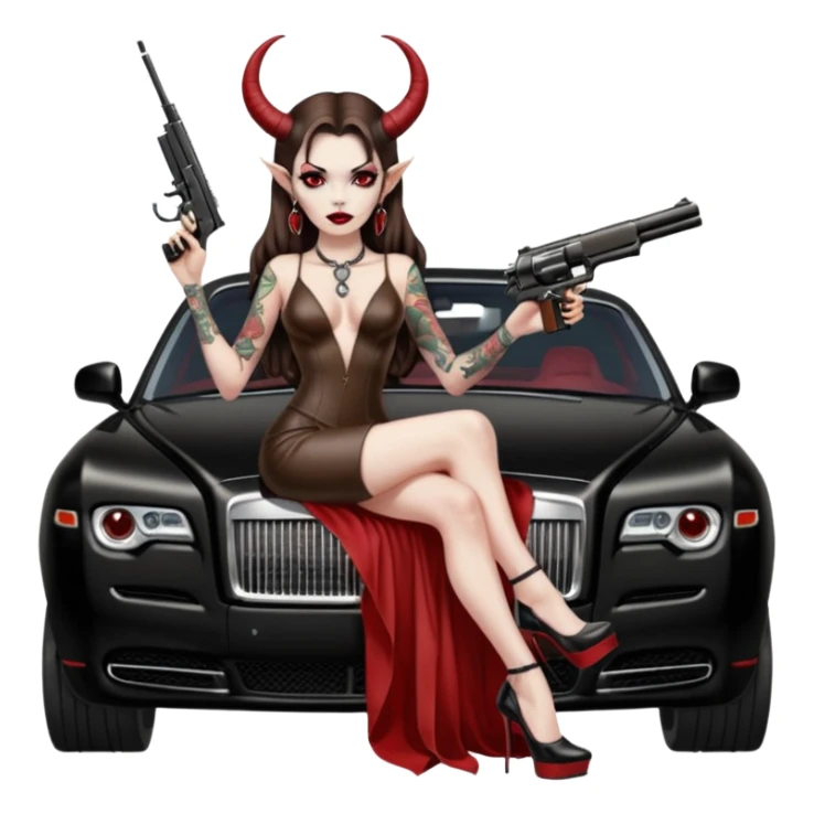 Lilith model red eye sexy black  devil horns.  long brown haired sexy succubus woman with leather long dress slit, sitting on rolls Royce. Wearing Black Platform high heels on feet. Tattoo sleeve arms, dead human skull of her ex skull is on top of stack of cash and a gun in  hand sticker
