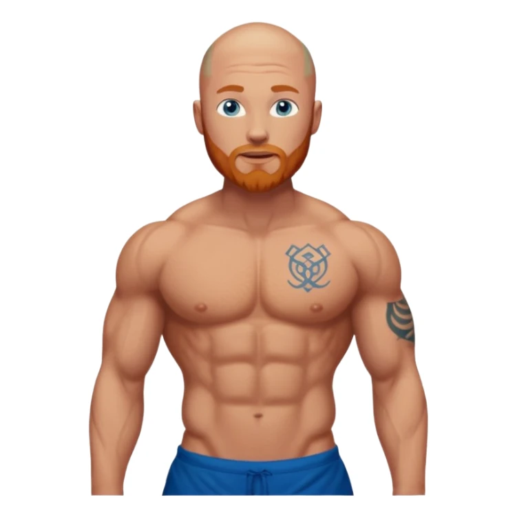bald guy with a ginger beard, blue eyes and muscles with "GODBODY"  tattoo across abs stomach only, no arm tattoos  sticker