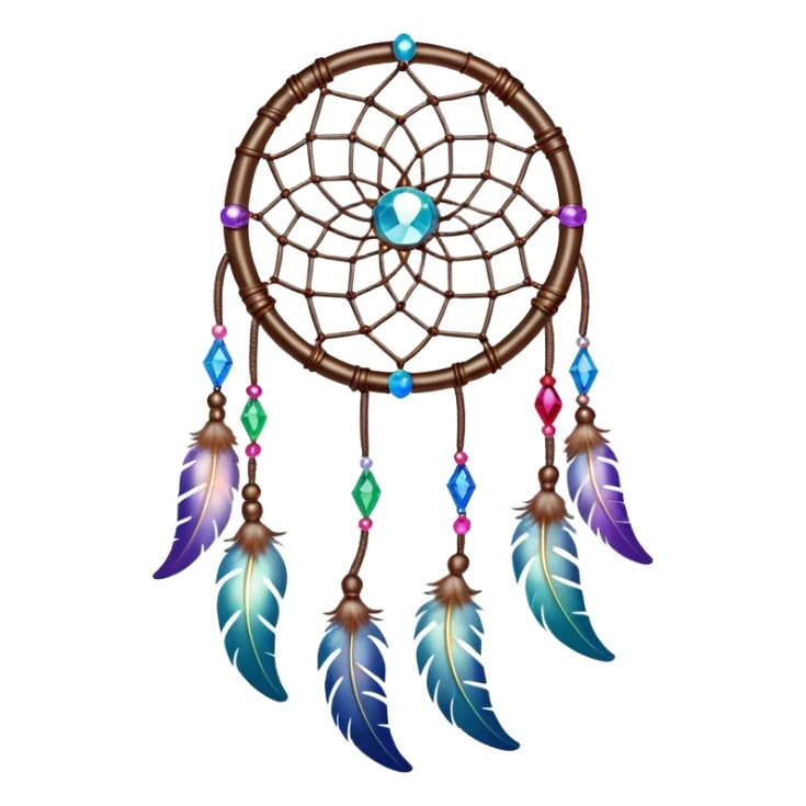 Iridescent shiny transparent crescent Dreamcatcher-suncatcher hanging from a thread, with gemstones, and beads sticker