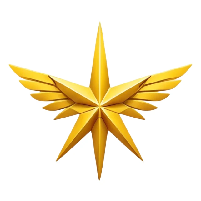An eight-pointed star with wide wings, colored yellow, featuring a simple mountain silhouette in the center sticker