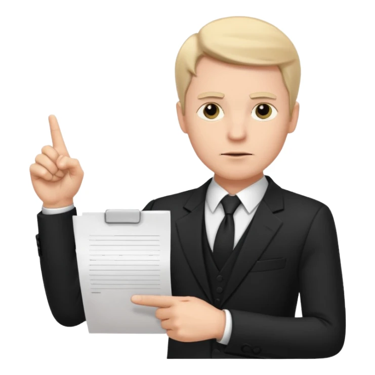 A white man in a black suit stands with a serious face and points at his hand holding papers. sticker