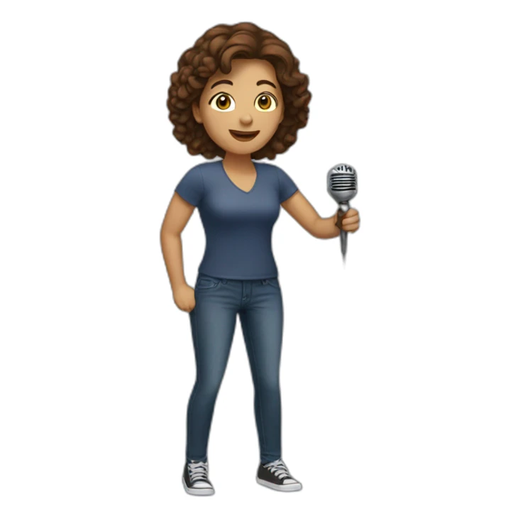 woman with brown hair and microphone sticker