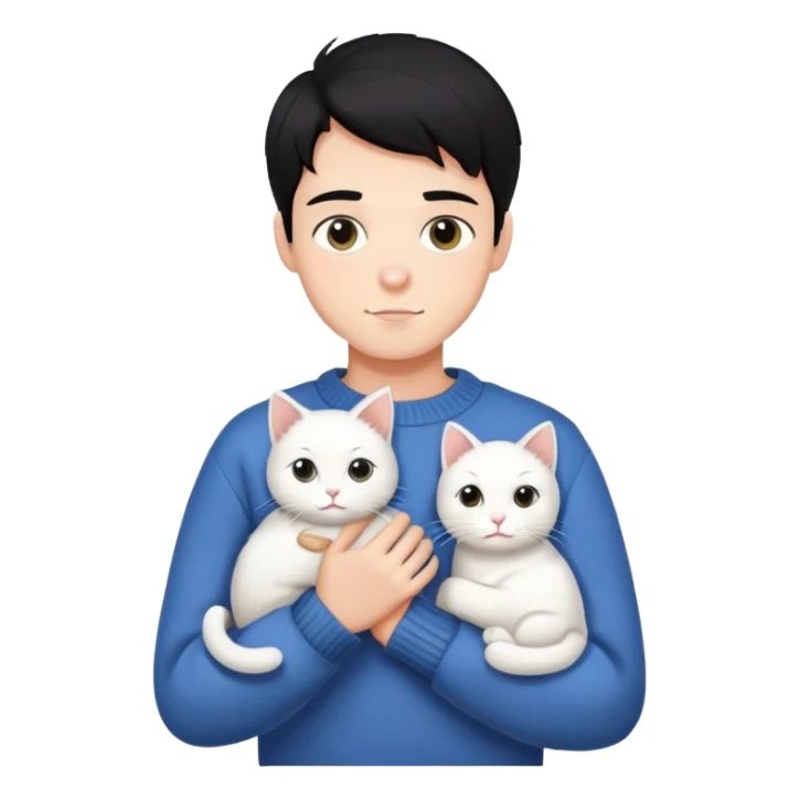 A handsome boy with black hair wearing a sweater is holding a white cat sticker
