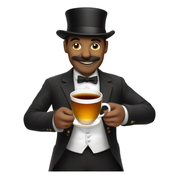 Sleek smile while drinking small tea with pinky up. Man wearing top hat with small mustace sticker