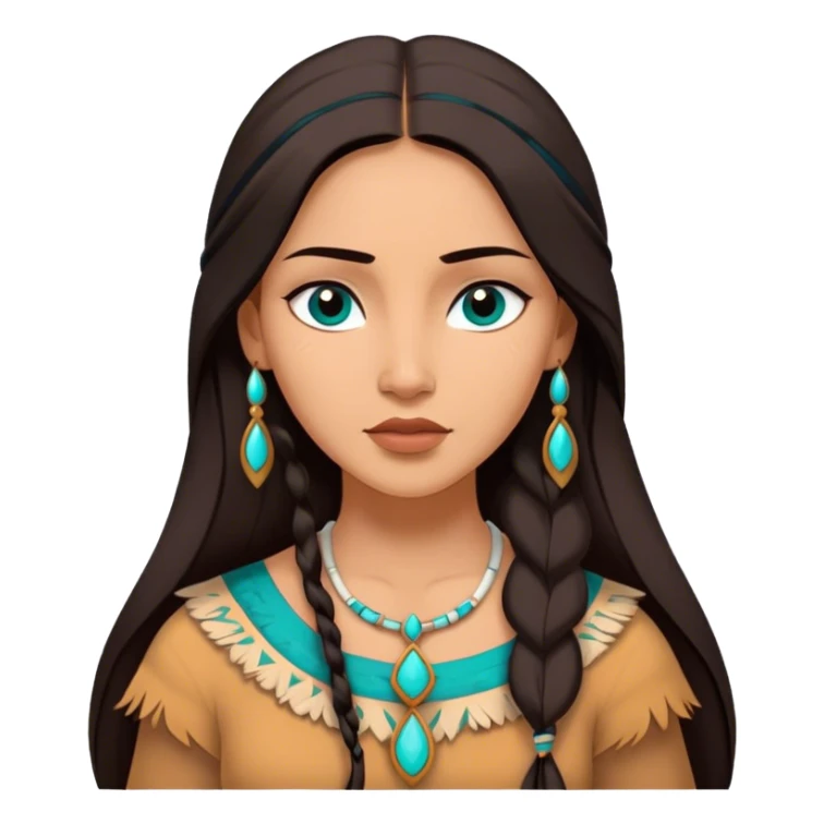 Cinematic Elegant Pocahontas Portrait Emoji, rendered in a realistic, vector-style with minimal shading and bold, simplified shapes. Depict Pocahontas (chest and above) with warm, sun-kissed skin, long, flowing dark hair, and gentle, wise eyes, wearing traditional attire in earthy tones with hints of turquoise. The image glows with a soft, natural radiance and high shine, embodying timeless indigenous beauty. sticker