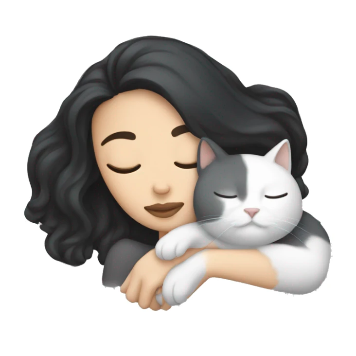 white girl with black hair sleeping with a gray cat sticker