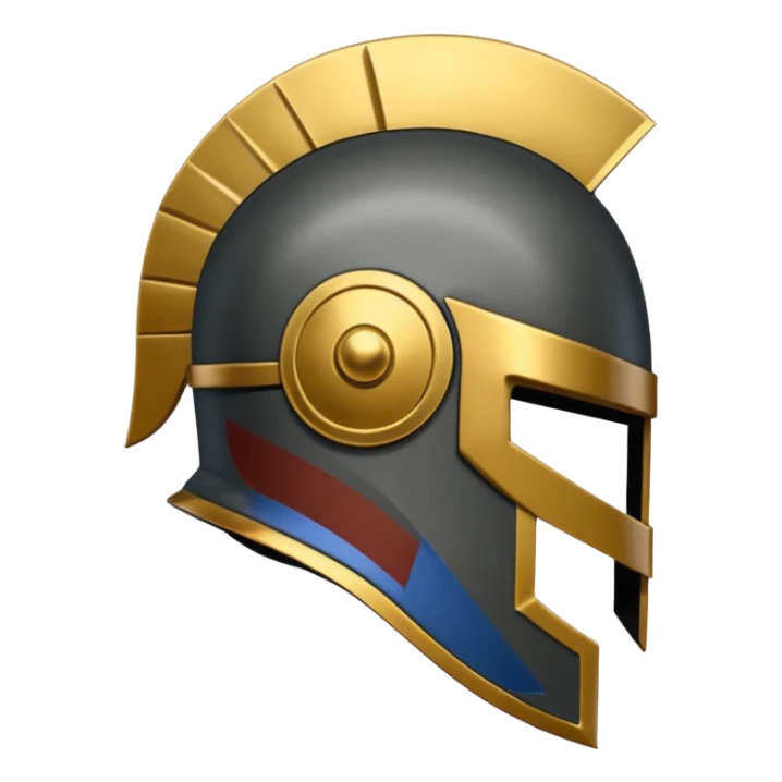 A stylized Trojan helmet emblem shown in side profile, featuring a sleek, angular shape with a crest on top and a face guard extending downward. The helmet is dark gray with subtle metallic shading and a thin gold accent line.  sticker