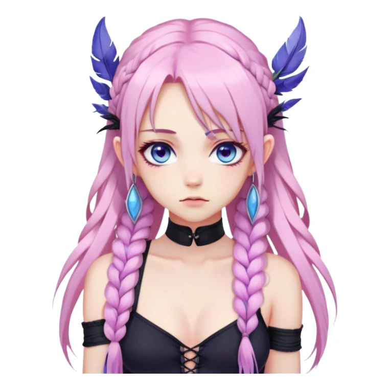 Gorgeous beautiful pretty grumpy anime lady long-pale-pastel-pink-hair with one braid on each side, hanging purple feather-ear-cuffs with pink tips in hair, black bodysuit, blue eyes, pink iris, ethereal, fashion aesthetic  sticker