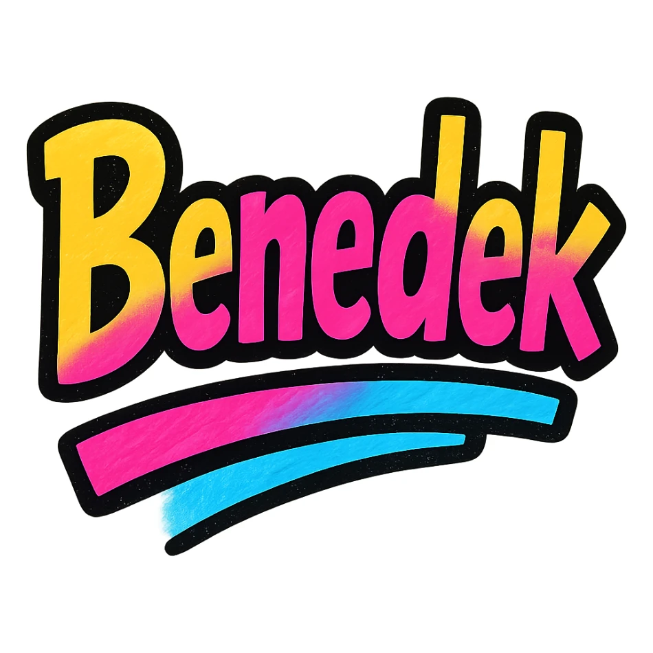 modern colorful gradient typography of the name Benedek with dark outline, dynamic slanted or partial underline, transparent background, in the style of sample images sticker