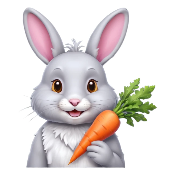 Grey rabbit, holding a carrot, grinning with joy
 sticker