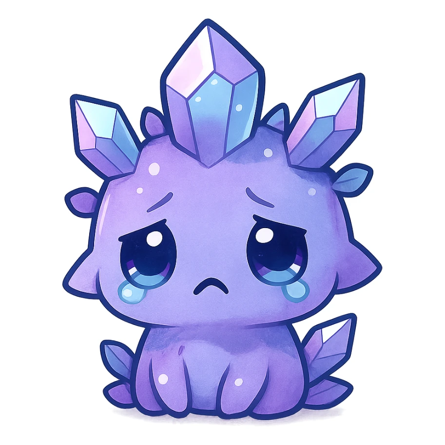 chibi kawaii crystal sprite creature, purple, blue, and pink colors, sad expression, cute and adorable, with crystal-like features sticker