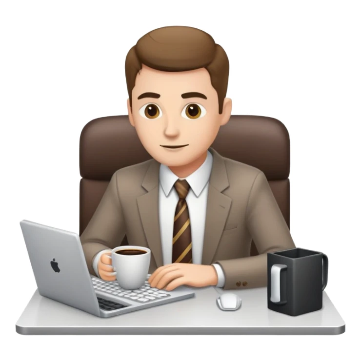 white journalist man in shirt and tie, typing on a computer, coffee cup nearby sticker