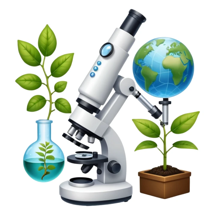An icon featuring a DNA helix, a microscope, and a plant leaf, symbolizing biology. The design includes animal cells, a test tube, and a globe, representing the study of life forms, ecosystems, and genetics. Transparent background highlights the exploration of living organisms. sticker