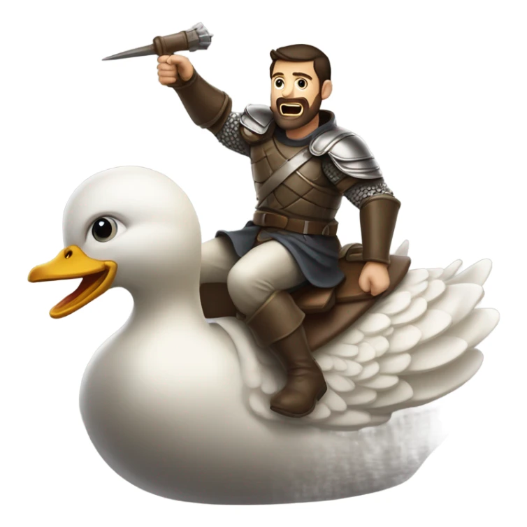 Confident armored White Man with dark brown hair and a short beard pointing forward with one arm yelling a battle charge while riding on the back of a giant duck sticker