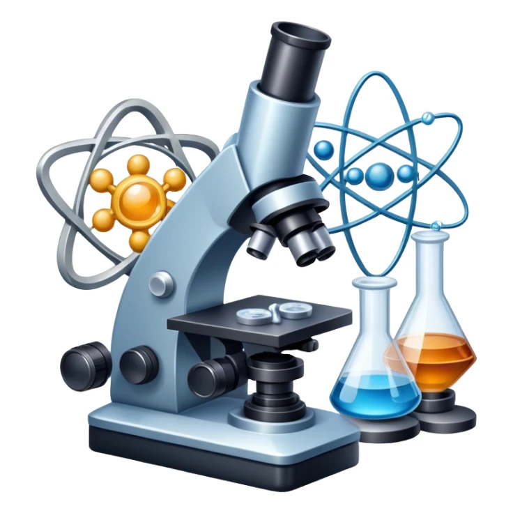 An icon featuring a microscope, a metal sample, and atomic structure symbols, symbolizing materials science. The design includes crystal lattices, polymers, and lab tools, representing the study of material properties and engineering. Transparent background highlights scientific analysis. sticker