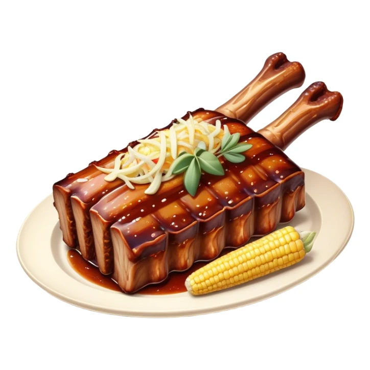 Cinematic Realistic Barbeque Ribs Dish Emoji, depicted as succulent, slow-cooked ribs with a sticky smoky glaze rendered with rich textures and dynamic, appetizing lighting. sticker