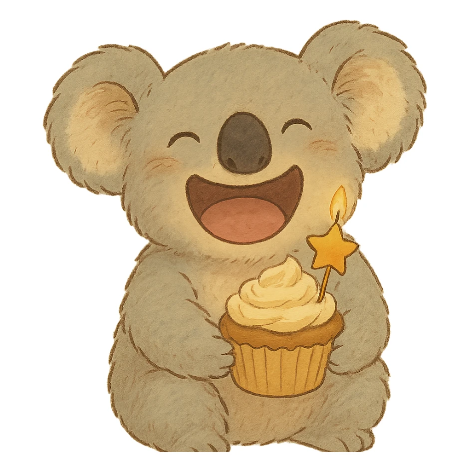 laughing koala holding cupcake with star candle, soft Ghibli style sticker