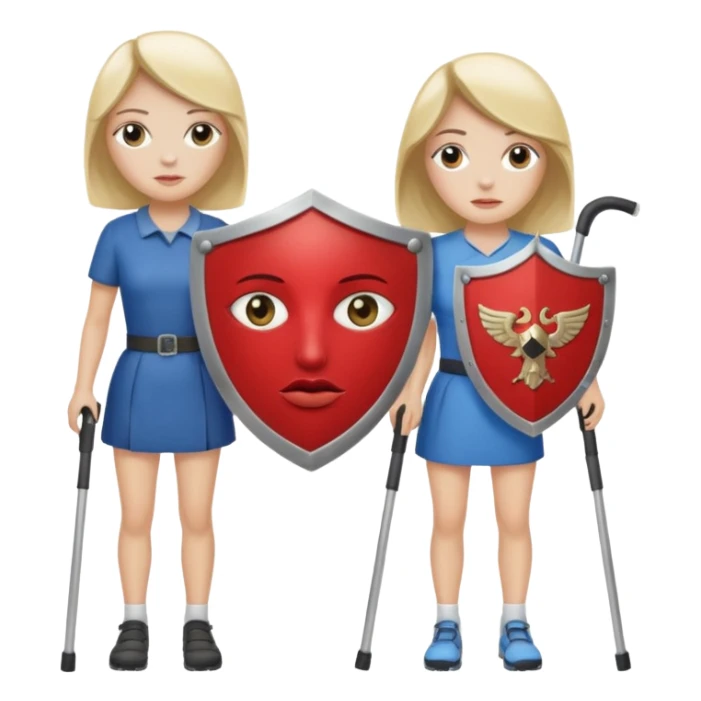 Two women, one with a shield over her eye and the other with crutches. sticker