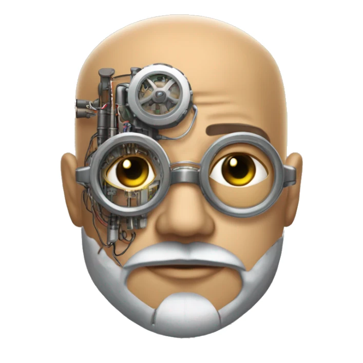 Tan bald male Latino cyborg head with grey beard, silver steampunk monocle goggles and circuits sticker