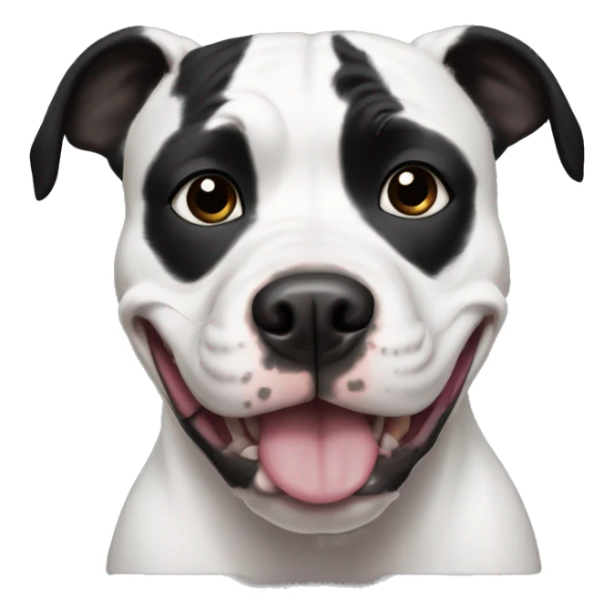A black and white pitbull with black ears, black patches on his eyes and a black nose smiling sticker