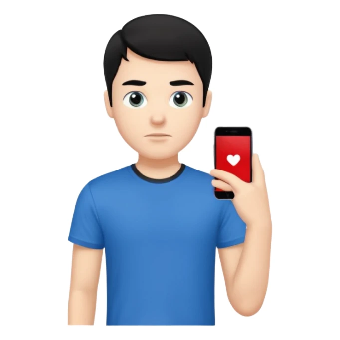 the bust of a white boy, black haired with a blue T-shirt sticker