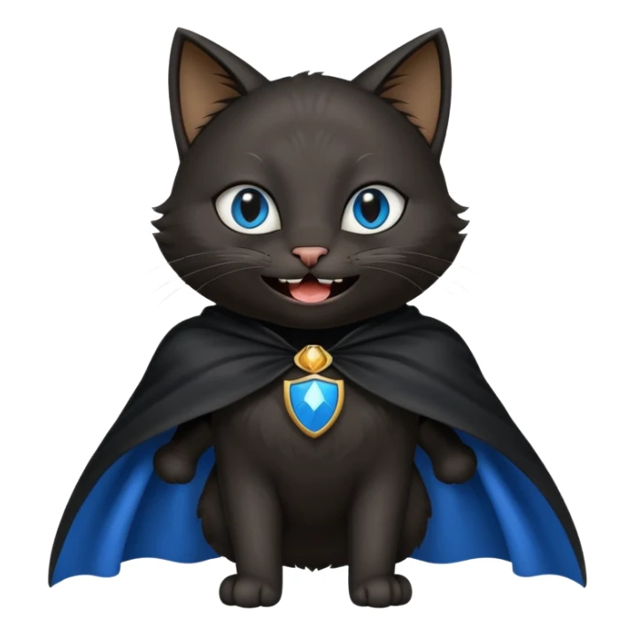 an all black anthropomorphic cat with blue eyes wears an all black cape and is smiling a mischievous sharp tooth grin sticker