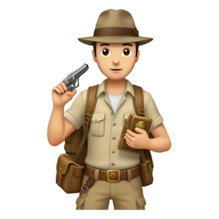 An icon inspired by adventure games like Uncharted 4, featuring a rugged explorer with a backpack, standing in front of an ancient temple or treasure. The design includes a treasure map, a pistol, and jungle foliage, symbolizing the thrill of exploration and danger. Transparent background sticker