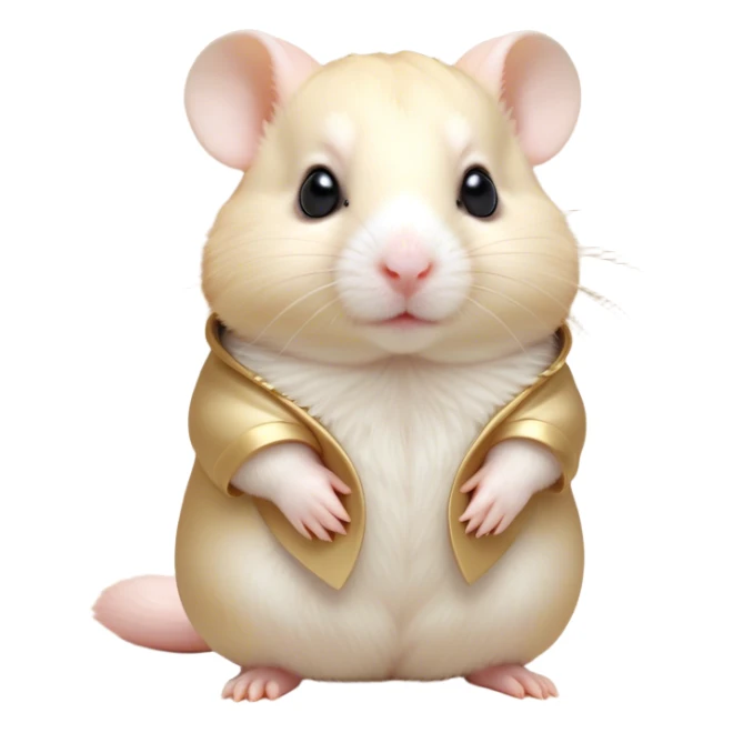 Cinematic Noble Cream Hamster Portrait Emoji, Poised and regal, with a tiny, compact build and a smooth, pristine cream coat, deep-set soulful dark eyes, Simplified yet sharp and sophisticated features, highly detailed, glowing with a soft, dignified glow, high shine, intelligent and energetic, stylized with an air of miniature elegance, focused and attentive, soft glowing outline, capturing the essence of a watchful and confident rodent, so majestic it feels as though it could scurry out of the screen with effortless authority! sticker