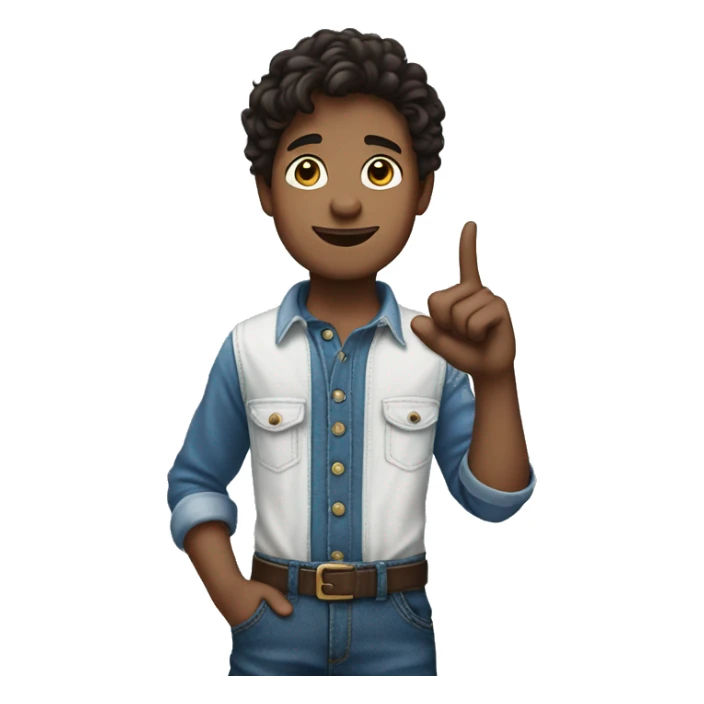 boy pointing to the sky from behind, half body, dark brown wavy hair, wearing blue jeans overalls and white shirt. sticker