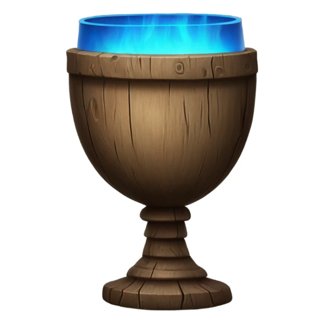 A magical goblet, large and imposing, made of aged wood with a smooth surface. It emits a kind of blue fire, standing out as a symbol of power and mystery. sticker